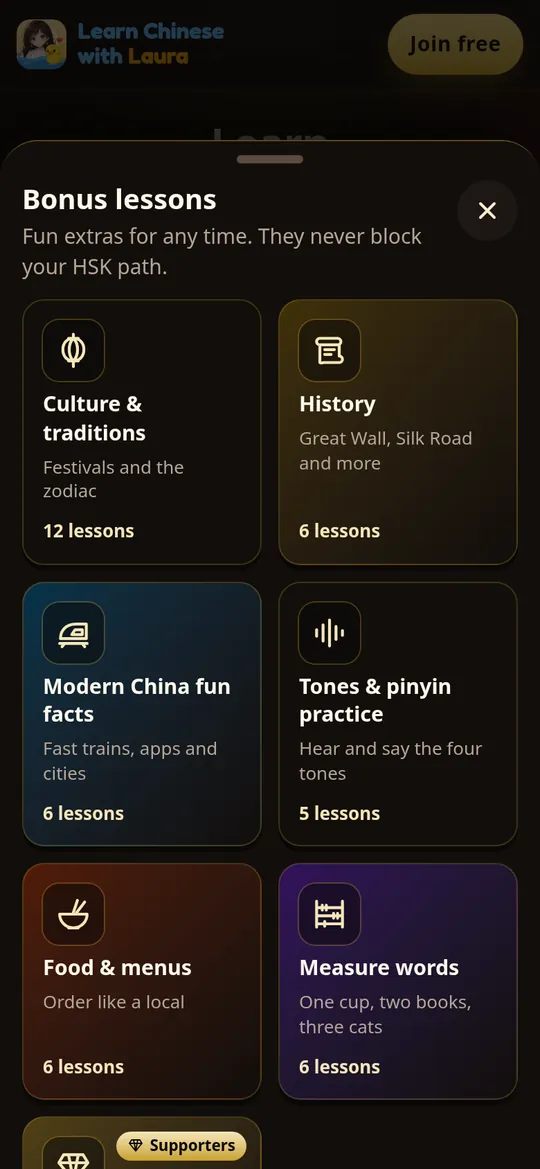 The Bonus lessons sheet: culture, history, modern China, tones, food and measure words