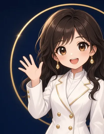 Laura drawn as the app’s anime teacher in a white and gold jacket, waving hello on a phone screen