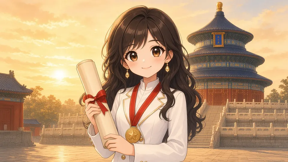 Laura in front of the Temple of Heaven at golden hour holding a blank certificate scroll, a gold medal glinting, exam-day confidence.