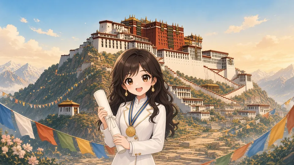 Laura at the foot of the Potala Palace steps with a blank certificate scroll and a gold medal, prayer flags fluttering.