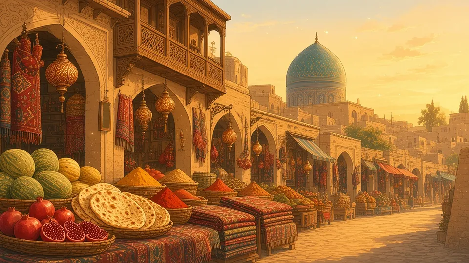 Painting of a busy old Silk Road bazaar in Kashgar.