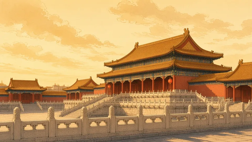 Painting of the golden roofs of the Forbidden City in Beijing.