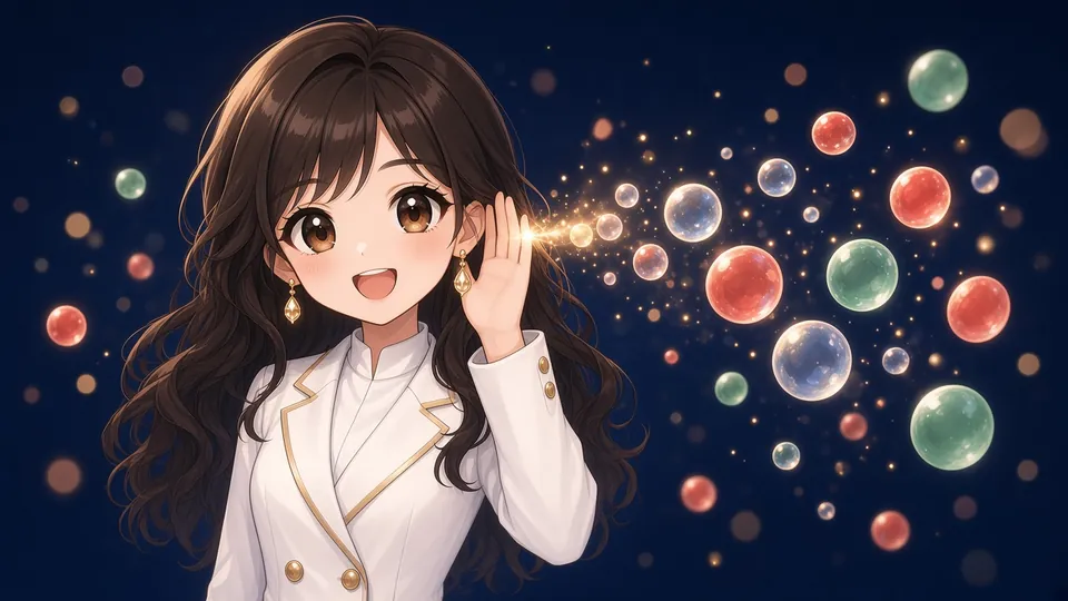 Laura cupping her ear as glowing sound bubbles float past her.