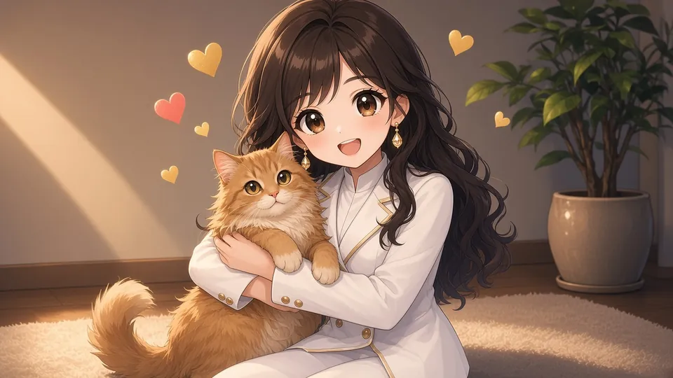 Laura sitting on the floor hugging a fluffy ginger cat, hearts floating around them.