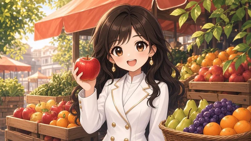 Laura at a fruit stall holding up a shiny red apple with sparkling eyes.
