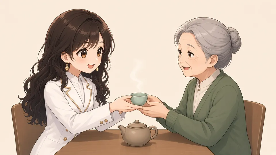Laura offering a small cup of tea with both hands to a smiling elderly woman.