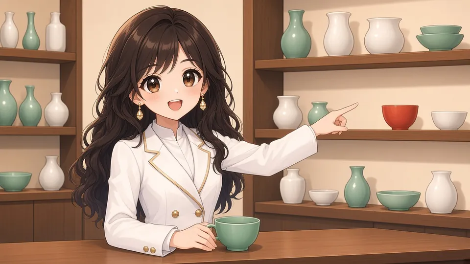 Laura in a little pottery shop pointing at a bowl on a far shelf, a cup near her hand.