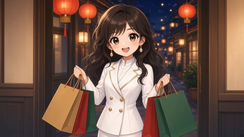 Laura leaving a shop on a lantern-lit street at night with shopping bags.