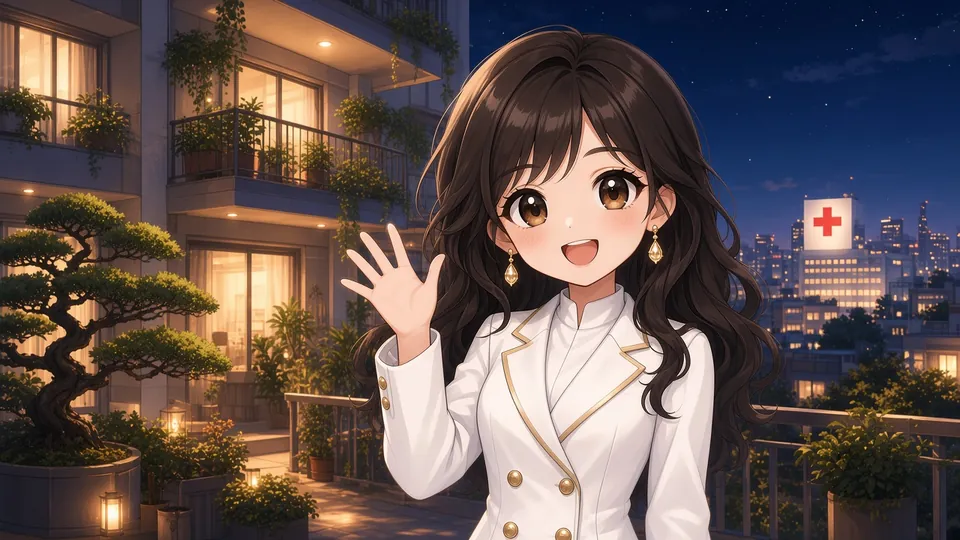 Laura waving from her apartment balcony at night, a hospital in the city behind her.