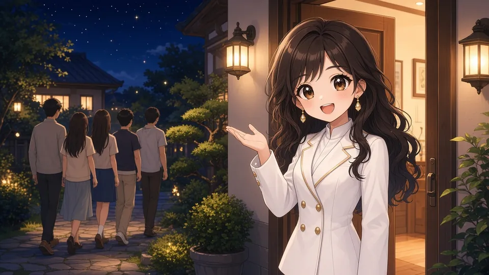 Laura at her front door at night inviting friends in, others walking home along the path.